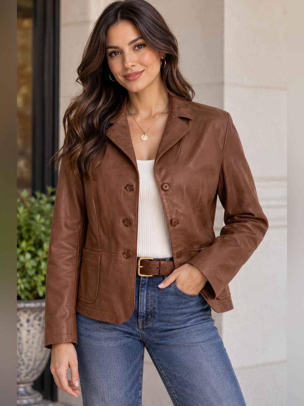 Wilsons Leather Brown Genuine Leather Blazer Jacket Women’s M Cognac